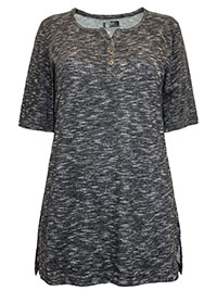 BLACK Melange Short Sleeve Jersey Knit Henley Top - Size 10/12 to 30/32 (S to 3XL)