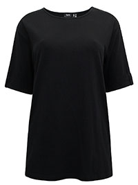BLACK Pure Cotton Turn Up Sleeve Step Hem T-Shirt - Size 10/12 to 18/20 (S to L)