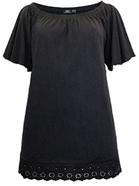 BLACK Pure Cotton Broderie Detail Bardot Top - Size 10/12 to 18/20 (S to L)