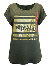 KHAKI Pure Cotton Foil Print Curved Hem Top - Size 12 to 16
