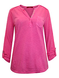 PINK Pure Cotton Notch Neck Roll Sleeve Top - Size 10 to 20 (EU 36 to 46)