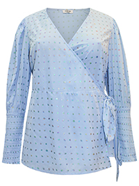 BLUE Deep Shirred Cuff Metallic Spotted Wrap Top - Plus Size 14 to 30