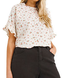 IVORY Floral Frill Sleeve Longline Boxy Top - Plus Size 22 to 28