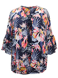 ULLAP NAVY Hibiscus Print Crochet Back Kimono Shrug - Plus Size 16/18 to 40/42 (US 12/14 to 36/38)