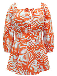 ORANGE Linen Blend Print Square Neck Top - Size 10 to 30