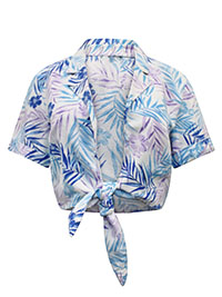 BLUE Linen Blend Palm Print Tie Front Cropped Shirt - Size 12 to 16 (S to L)