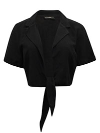 BLACK Linen Blend Tie Front Cropped Shirt - Plus Size 14 to 16 (M to L)