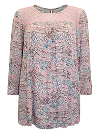 PINK Floral Print Lace Insert Top - Size 8 to 12