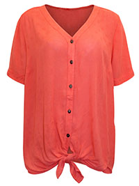 ORANGE Button Through Tie Front Top - Plus Size 12 to 20