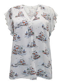 WHITE Scenic Print Frill Sleeve Top - Plus Size 20