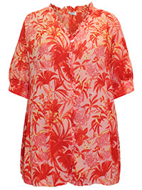 ORANGE Tropical Print Crinkle Frill Trim Top - Size 8 to 32