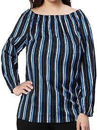 BLUE Stripe Print Blouson Sleeve Bardot Top - Plus Size 32