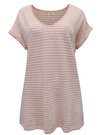 MoP PEACH/WHITE Striped Premium Organic Cotton V-Neck Short Sleeve T-Shirt - Size 8 to 16 (XS to XL)
