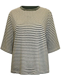MoP KHAKI CREAM Pure Cotton Banded Trim Striped Short Sleeve Top - Size 6 to 16 (XXS to XL)