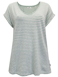 MoP MINT WHITE Pure Cotton Striped V-Neck Short Sleeve T-Shirt - Size 8 to 16 (XS to XL)
