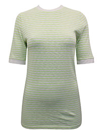 MoP LIME/WHITE Pure Cotton Banded Trim Striped Short Sleeve Top - Size 10 to 12 (S to M)