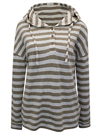MoP BEIGE/CREAM Pure Cotton Half Button Striped Hoodie - Size 10 to 16 (S to XL)