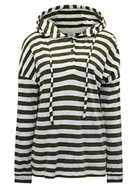 MoP OLIVE CREAM Pure Cotton Half Button Striped Hoodie - Size 8 to 16 (XS to XL)