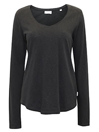 MoP BLACK Pure Cotton V-Neck Long Sleeve Top - Size 8 to 16 (XS to XL)