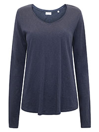 MoP NAVY Pure Cotton V-Neck Long Sleeve Top - Size 8 to 16 (XS to XL)