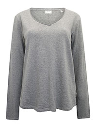 MoP GREY Pure Cotton V-Neck Long Sleeve Top - Size 8 to 16 (XS to XL)