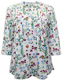 WHITE Floral Print Half Button Pintuck Tunic - Size 10 to 12