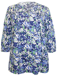 BLUE Floral Print Button Through Pintuck Tunic - Size 10 to 28