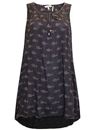 FF PHANTOM Fish Print Sleeveless Tie Neck Top - Size 14 to 16