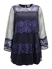 NAVY Dobby Mesh & Lace Sheer Sleeve Top - Size 10 to 12