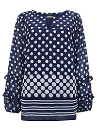 NAVY Spot Print Ruffle Sleeve Bar Keyhole Woven Top - Size 12 to 18