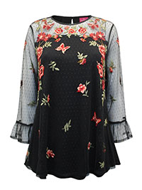 BLACK Floral Embroidered Mesh Sleeve Top - Size 12 to 16