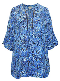 BLUE Dark Sapphire Paisley Lace-Up Bell Sleeve Peasant Blouse - Plus Size 16/18 to 40 (US 0X to 6X)