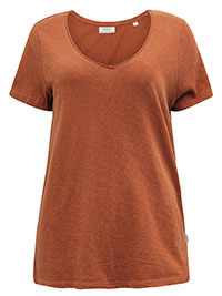 MoP BROWN Pure Cotton V-Neck Raw Trim T-Shirt - Size 12 to 16 (M to XL)