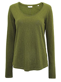MoP DARK-OLIVE Pure Cotton V-Neck Raw Trim Top - Size 8 to 14 (XS to L)