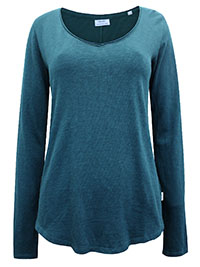 MoP DARK-GREEN Organic Cotton Long Sleeve V-Neck Raw Trim T-Shirt - Size 10 to 12 (S to M)