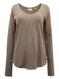 MoP TOFFEE Organic Cotton Long Sleeve V-Neck Raw Trim T-Shirt - Size 10 to 12 (S to M)