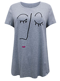 MoP GREY Pure Cotton Abstract Face Print T-Shirt - Size 8 to 16 (XS to XL)