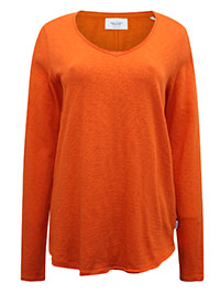 MoP ORANGE Pure Cotton Long Sleeve V-Neck Raw Trim T-Shirt - Size 8 to 12 (XS to M)