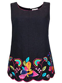 E4ST BOUTIQUE BLACK Linen Blend Embroidered Border Top - Size 10 to 20