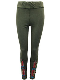 KHAKI Cotton Rich Embroidered Full Length Leggings - Size 8 to 10/12